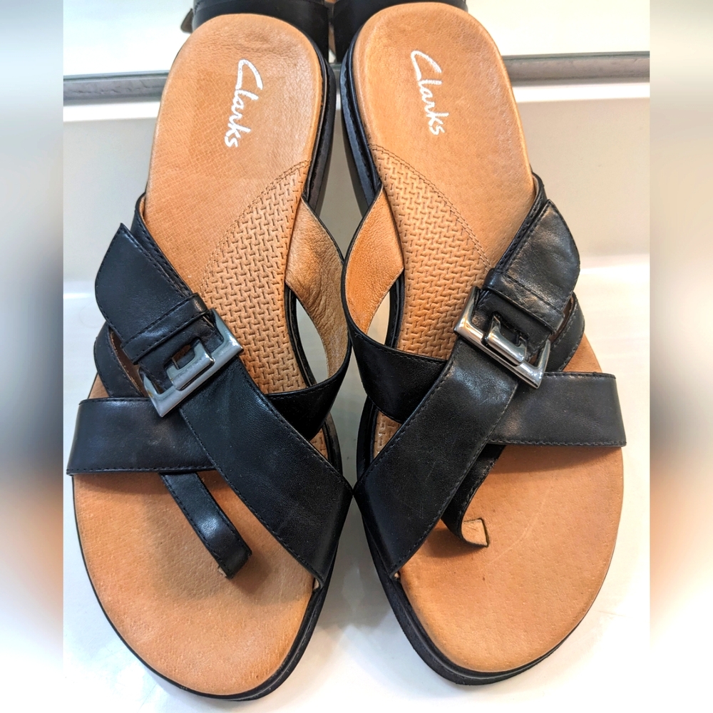 Clarks | Black Leather Multi Strap Buckle Sandals